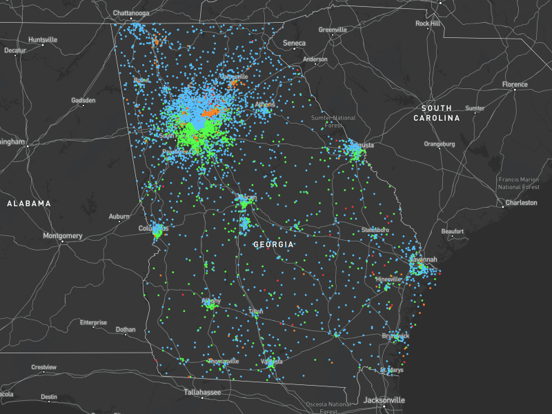 Screenshot of a map of Georgia that shows racial demographics and population density. Black Georgians are concentrated in the southeast, south and west parts of metro Atlanta. White people are concentrated in the north and northeast parts of the metro. Hispanic residents cluster around I-85 on the northeast side and many Asians call the far northeast suburbs home. About 40 to 50 miles outside of Atlanta, population density drops off quickly. In other cities like Columbus, macon and Augusta, the black-white segregation is visible on this map.