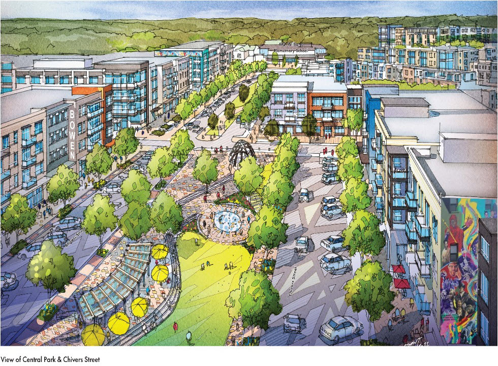 A colorful architect's sketch of the Bowen Homes redevelopment project shows an aerial view of a public green space, flanked on either side by a row of trees, a street, and a dense line of glassy mid-rise buildings.