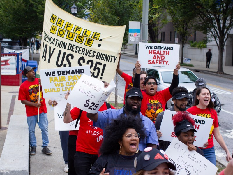 Waffle House workers and union members march through downtown atlanta
