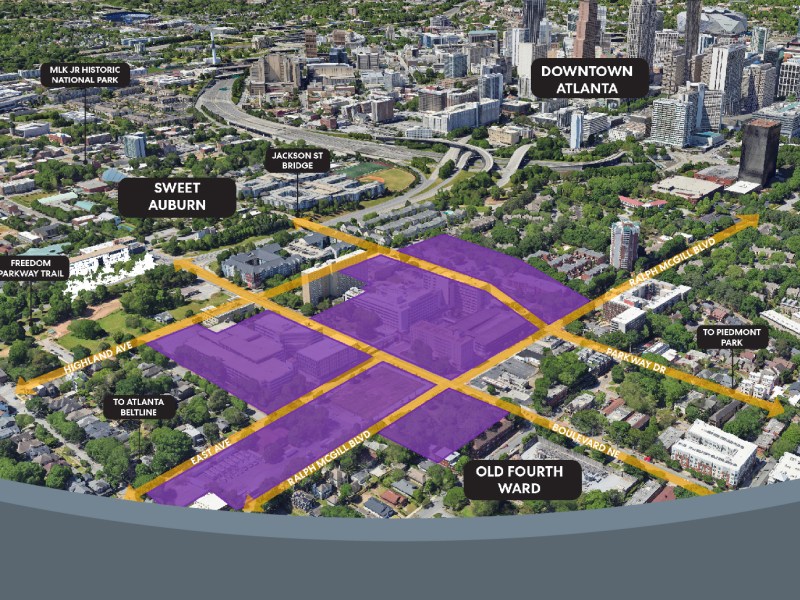 An overhead image of Old Fourth Ward's AMC site, with properties subject for redevelopment highlighted in purple.