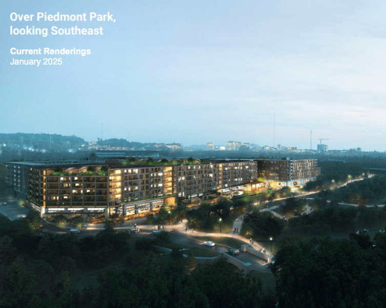 A rendering of Amsterdam Walk shows how nine-story buildings would poke out above the tree canopy. (Credit: SOM architects/Portman Holdings)