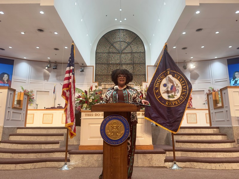 US Rep. Nikema Williams (D-Atlanta) speaking at a town hall event on Aug. 13, 2025.