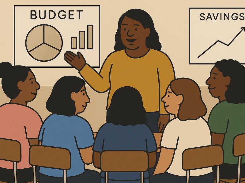 An illustration of a teacher leading a financial class with five women.