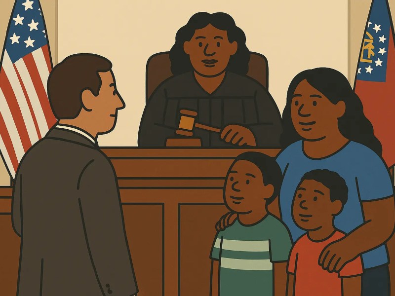 An illustration of a mom and two young boys speaking with a lawyer and judge in a courtroom.