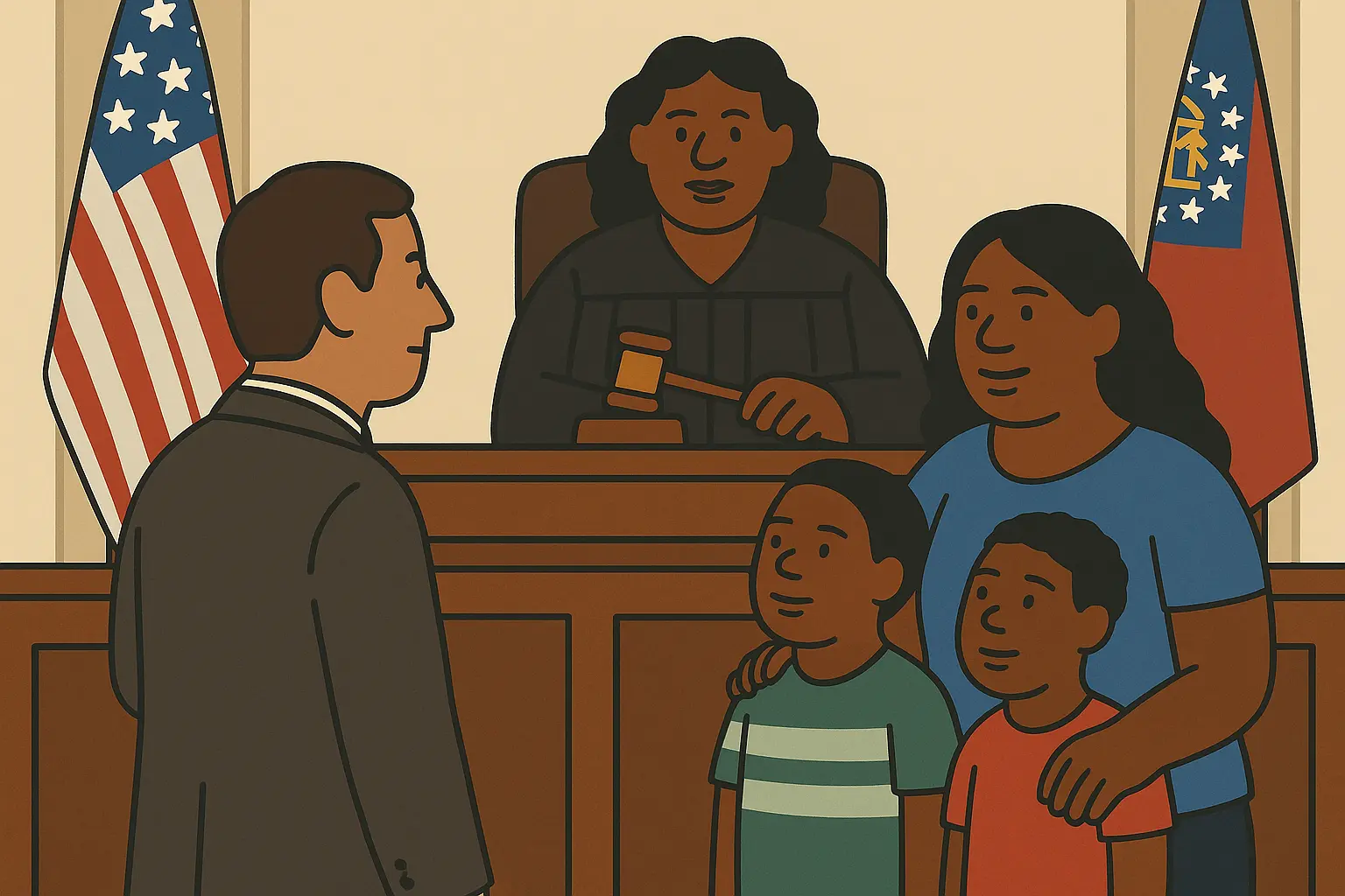 An illustration of a mom and two young boys speaking with a lawyer and judge in a courtroom.