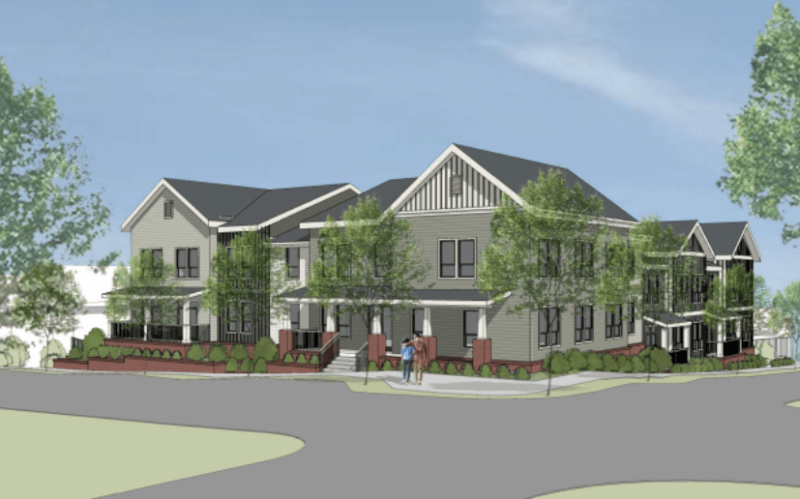 A rendering shows a two-story apartment complex.